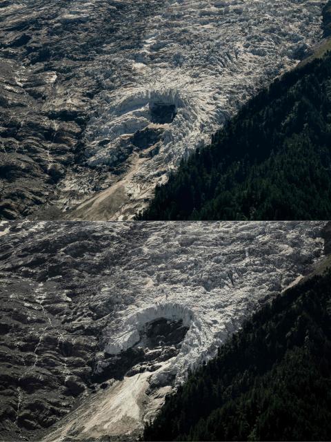 (COMBO) This combination of pictures created on July 03, 2026 shows a view of a hole that appeared on the Bossons glacier in Chamonix-Mont-Blanc, on July 11, 2025 (Top) and the same view on June 17, 2026. (Photo by JEFF PACHOUD / AFP)