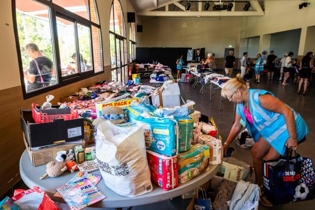 This photo shows the donations and hygiene products made available to tourists and evacuees at a reception center in Canet-en-Roussillon, the day after a wildfire broke out in the south of France, on July 3, 2026. Nearly 3,000 people had to be evacuated from several campsites, as well as from businesses and several municipalities, after a fire broke out in Sainte-Marie-la-Mer and spread on to Canet-en-Roussillon, affecting the watersports hub, firefighters and the prefect of Pyrenees-Orientales said on July 2, 2026. (Photo by Jc Milhet / AFP)