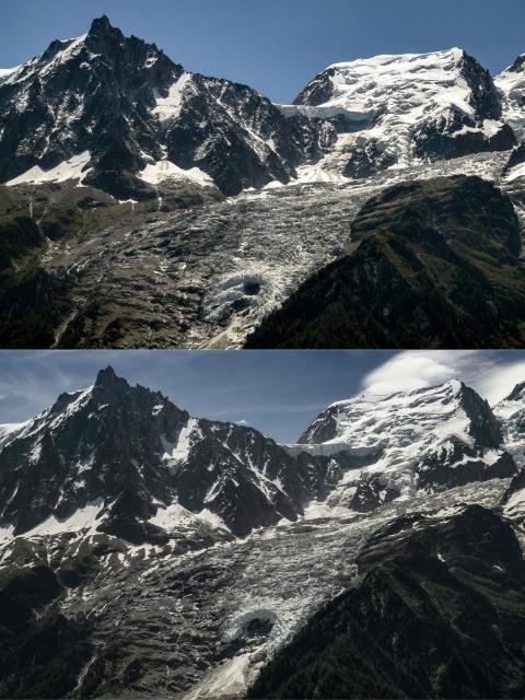 (COMBO) This combination of pictures created on July 03, 2026 shows a view of a hole that appeared on the Bossons glacier in Chamonix-Mont-Blanc, on July 11, 2025 (Top) and the same view on June 17, 2026. (Photo by JEFF PACHOUD / AFP)