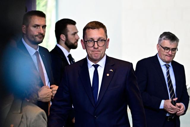 Estonian Prime Minister Kristen Michal leaves after a joint press conference following a meeting with the German chancellor at the Chancellery in Berlin on July 3, 2026. (Photo by Tobias SCHWARZ / AFP)