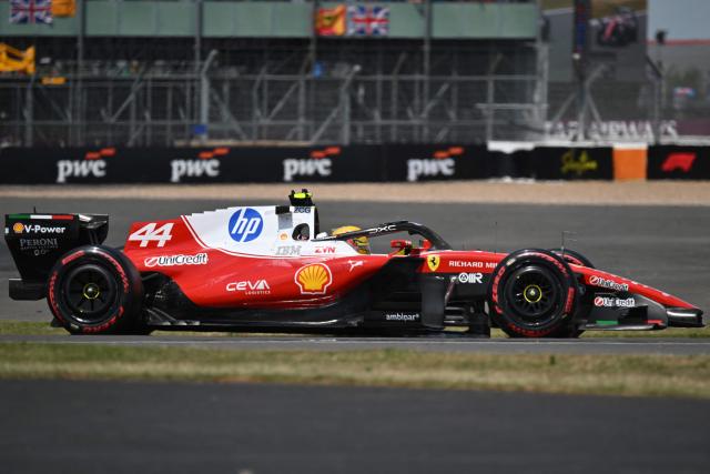 Ferrari's British driver Lewis Hamilton drives during the first practice session ahead of the Formula One British Grand Prix at the Silverstone motor racing circuit in Silverstone, central England, on July 3, 2026. (Photo by Andrej ISAKOVIC / AFP)