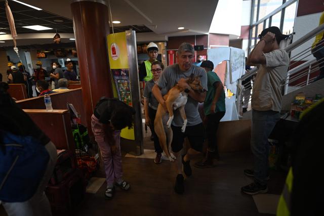 A person carries a dog inside a McDonald's restaurant operating as a medical care center following an earthquake in Caraballeda, La Guaira, Venezuela, on July 3, 2026. The death toll from Venezuela's twin earthquakes has risen to 2,595, Interim President Delcy Rodriguez said on July 2. (Photo by Juan BARRETO / AFP)