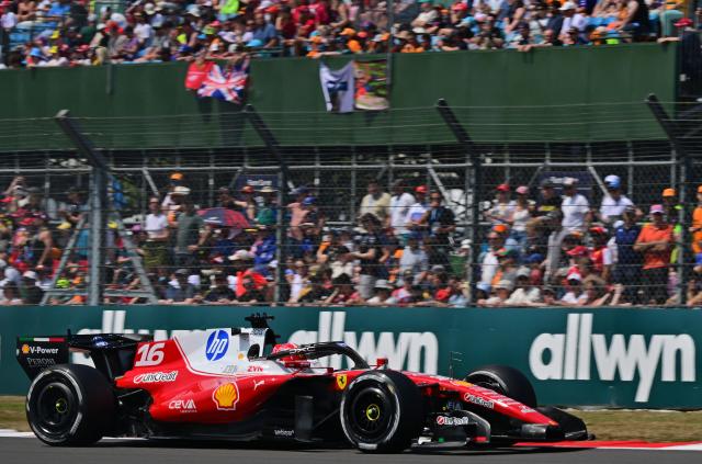 Ferrari's Monegasque driver Charles Leclerc drives during the first practice session ahead of the Formula One British Grand Prix at the Silverstone motor racing circuit in Silverstone, central England, on July 3, 2026. (Photo by Andrej ISAKOVIC / AFP)