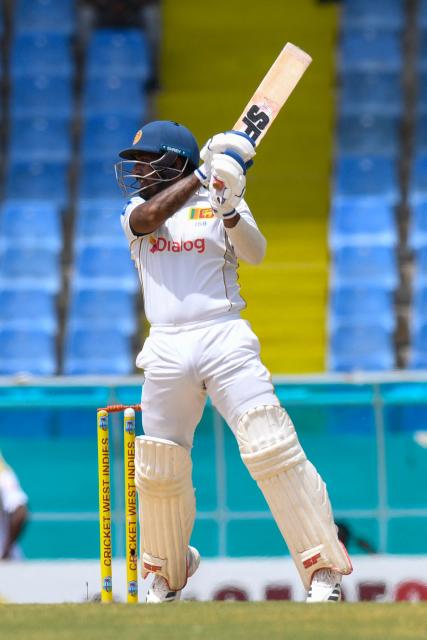 Lahiru Udara of Sri Lanka hits 4 during day one of the second Test cricket match between West Indies and Sri Lanka at Sir Vivian Richards Stadium in North Sound, Antigua and Barbuda, on July 3, 2026. (Photo by Randy Brooks / AFP)