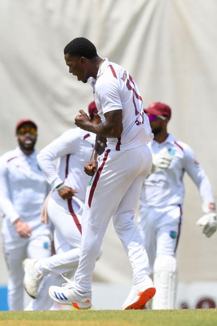 Shamar Joseph of West Indies celebrates the dismissal of Dinesh Chandimal of Sri Lanka during day one of the second Test cricket match between West Indies and Sri Lanka at Sir Vivian Richards Stadium in North Sound, Antigua and Barbuda, on July 3, 2026. (Photo by Randy Brooks / AFP)