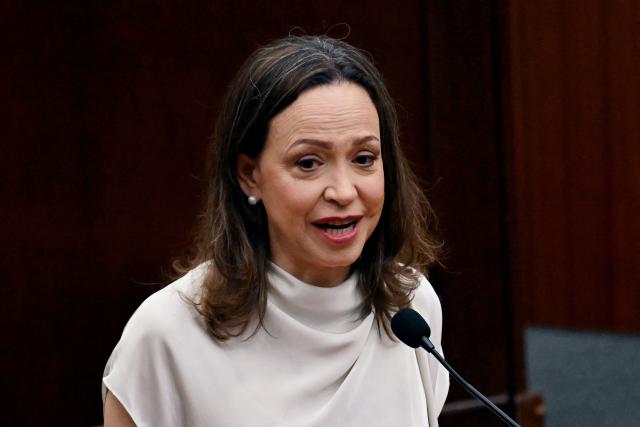 (FILES) Venezuelan opposition leader Maria Corina Machado delivers a speech at the National Assembly in Panama City on May 25, 2026. Exiled Venezuela opposition leader and Nobel Peace Prize winner Maria Corina Machado said on July 3, 2026, that her return would help stabilize the country after twin earthquakes that have killed nearly 2,600 people. (Photo by MARTIN BERNETTI / AFP)