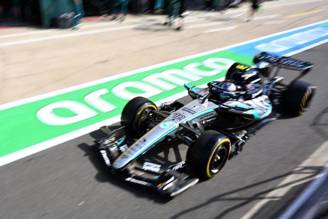 Mercedes' Italian driver Kimi Antonelli leaves the pits during the sprint qualifying session ahead of the Formula One British Grand Prix at the Silverstone motor racing circuit in Silverstone, central England, on July 3, 2026. (Photo by PETER POWELL / POOL / AFP)