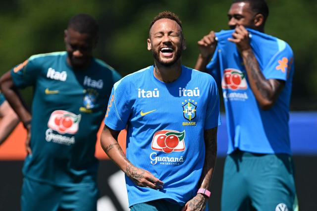 Brazil's forward #10 Neymar laughs during a training session at the Columbia Park Training Facility in Morristown, New Jersey on July 3, 2026, ahead of the 2026 World Cup tournament round of 16 football match between Brazil and Norway.  (Photo by MAURO PIMENTEL / AFP)