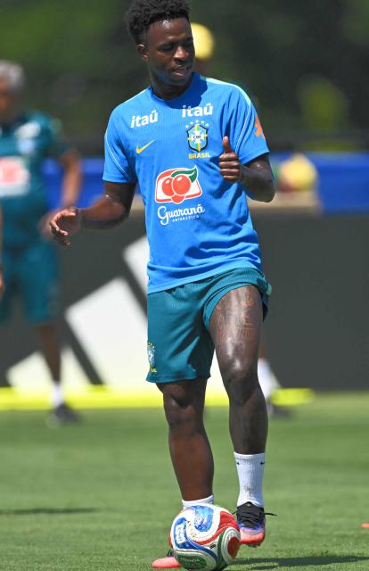 Brazil's forward #07 Vinicius Junior practices during a training session at the Columbia Park Training Facility in Morristown, New Jersey on July 3, 2026, ahead of the 2026 World Cup tournament round of 16 football match between Brazil and Norway.  (Photo by MAURO PIMENTEL / AFP)