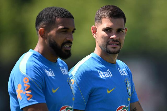 Brazil's defender #14 Bremer (L) and Brazil's midfielder #08 Bruno Guimaraes take part in a training session at the Columbia Park Training Facility in Morristown, New Jersey on July 3, 2026, ahead of the 2026 World Cup tournament round of 16 football match between Brazil and Norway.  (Photo by MAURO PIMENTEL / AFP)