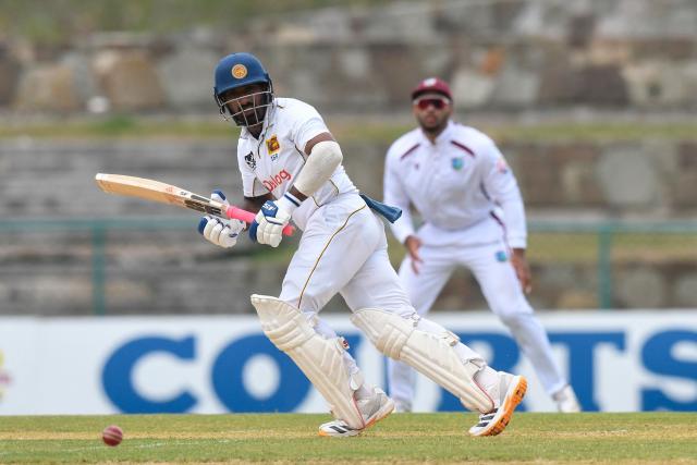 Lahiru Udara (L) of Sri Lanka hits 4 during day one of the second Test cricket match between West Indies and Sri Lanka at Sir Vivian Richards Stadium in North Sound, Antigua and Barbuda, on July 3, 2026. (Photo by Randy Brooks / AFP)