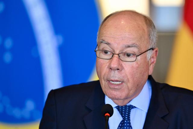 Brazil’s Foreign Minister Mauro Vieira speaks during a statement alongside German Foreign Minister Johann Wadephull (out of frame) at the Itamaraty Palace in Brasнlia on July 3, 2026. (Photo by Evaristo Sa / AFP)