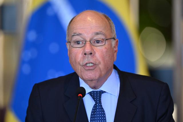 Brazil’s Foreign Minister Mauro Vieira speaks during a statement alongside German Foreign Minister Johann Wadephull (out of frame) at the Itamaraty Palace in Brasнlia on July 3, 2026. (Photo by Evaristo Sa / AFP)