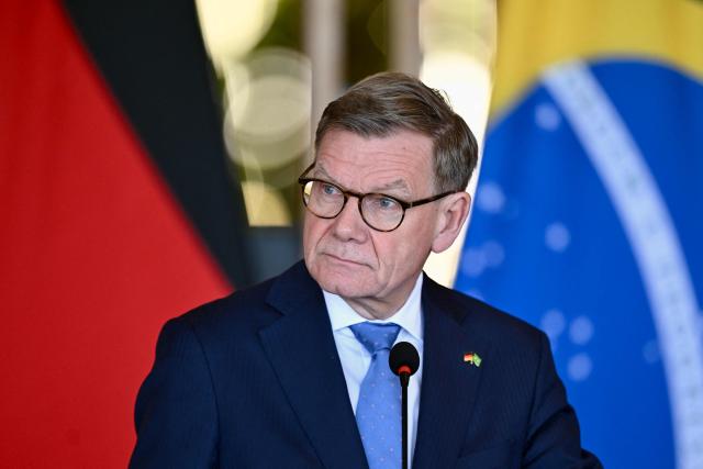 Germany's Foreign Minister Johann Wadephul speaks during a statement alongside Brazilian Foreign Minister Mauro Vieira (out of frame) at the Itamaraty Palace in Brasilia on July 3, 2026. (Photo by Evaristo Sa / AFP)
