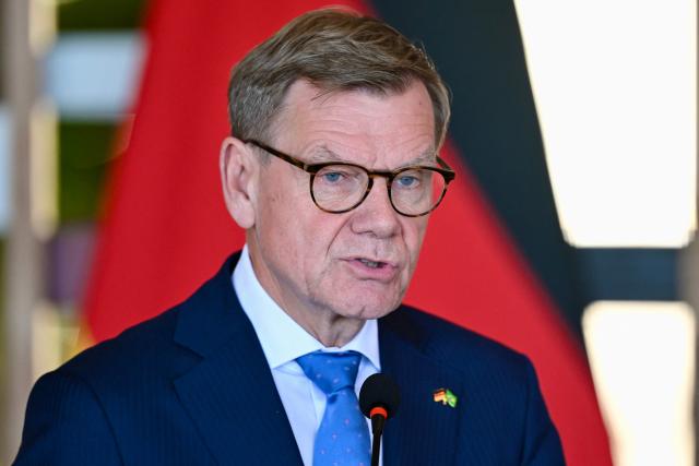 Germany's Foreign Minister Johann Wadephul speaks during a statement alongside Brazilian Foreign Minister Mauro Vieira (out of frame) at the Itamaraty Palace in Brasilia on July 3, 2026. (Photo by Evaristo Sa / AFP)