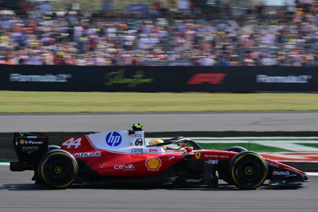Ferrari's British driver Lewis Hamilton drives during the sprint qualifying session ahead of the Formula One British Grand Prix at the Silverstone motor racing circuit in Silverstone, central England, on July 3, 2026. (Photo by Andrej ISAKOVIC / AFP)