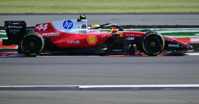 Ferrari's British driver Lewis Hamilton drives during the sprint qualifying session ahead of the Formula One British Grand Prix at the Silverstone motor racing circuit in Silverstone, central England, on July 3, 2026. (Photo by Andrej ISAKOVIC / AFP)