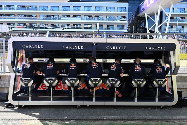 The Red Bull team work during the sprint qualifying session ahead of the Formula One British Grand Prix at the Silverstone motor racing circuit in Silverstone, central England, on July 3, 2026. (Photo by PETER POWELL / POOL / AFP)