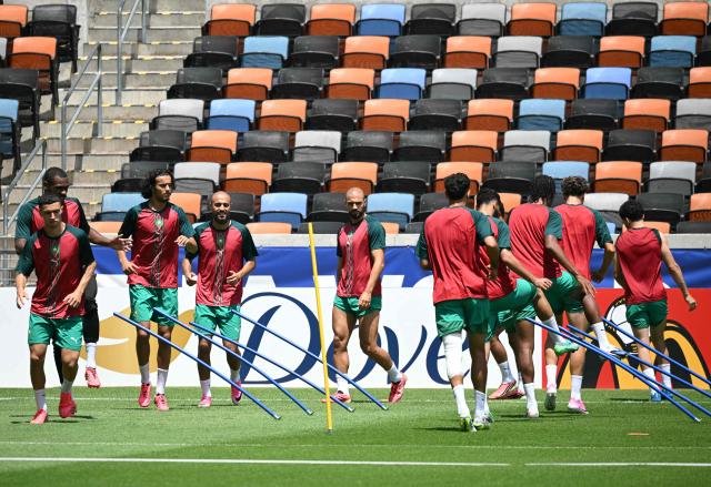 Morocco's players take part in an MD-1 training session at the Houston Sports Park in Houston on July 3, 2026, on the eve of the 2026 World Cup round of 16 football match between Canada and Morocco. (Photo by RONALDO SCHEMIDT / AFP)