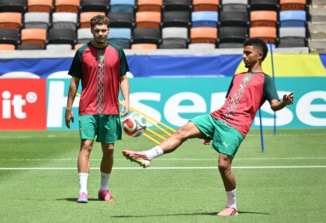 Morocco's midfielder #15 Samir El Mourabet (L) and Morocco's forward #16 Gessime Yassine take part in an MD-1 training session at the Houston Sports Park in Houston on July 3, 2026, on the eve of the 2026 World Cup round of 16 football match between Canada and Morocco. (Photo by RONALDO SCHEMIDT / AFP)