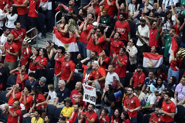 Egypt supporters cheer their team prior to the 2026 World Cup round of 32 football match between Australia and Egypt at the Dallas Stadium in Arlington on July 3, 2026.  (Photo by Aric Becker / AFP)