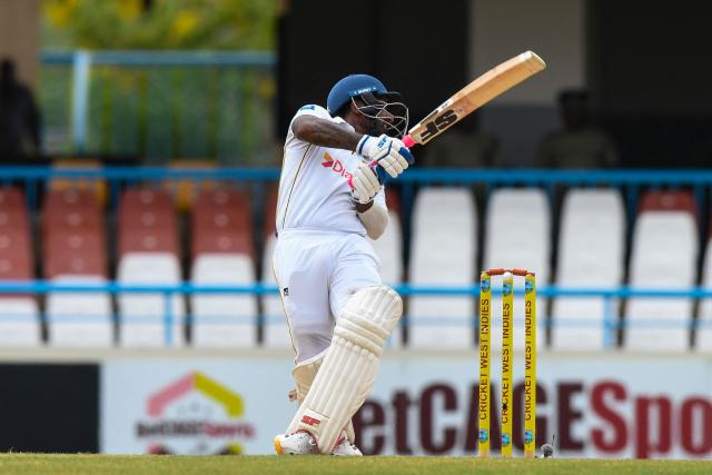 Lahiru Udara of Sri Lanka hits 4 during the 1st day of the 2nd Test between Sri Lanka and West Indies at Vivian Richards Cricket Stadium in North Sound, Antigua and Barbuda, on July 3, 2026. (Photo by Randy Brooks / AFP)