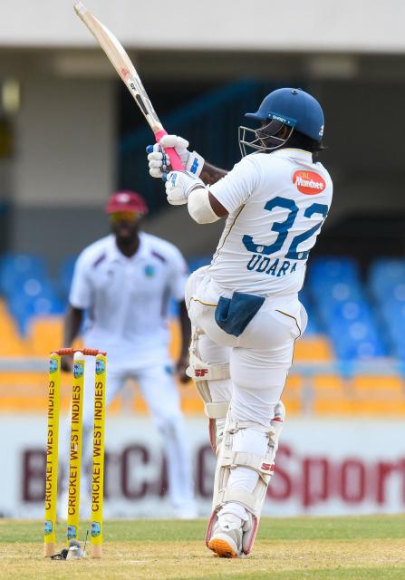 Lahiru Udara of Sri Lanka hits 4 during day one of the second Test cricket match between West Indies and Sri Lanka at Sir Vivian Richards Stadium in North Sound, Antigua and Barbuda, on July 3, 2026. (Photo by Randy Brooks / AFP)
