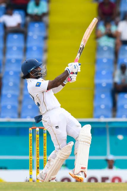 Lahiru Udara of Sri Lanka hits 6 during day one of the second Test cricket match between West Indies and Sri Lanka at Sir Vivian Richards Stadium in North Sound, Antigua and Barbuda, on July 3, 2026. (Photo by Randy Brooks / AFP)