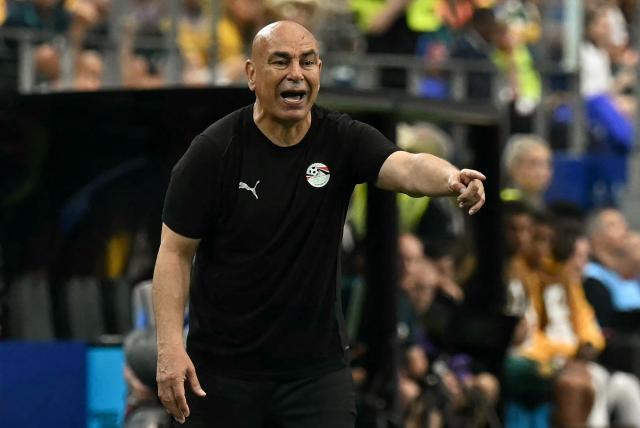 Egypt's head coach Hossam Hassan gestures  during the 2026 World Cup round of 32 football match between Australia and Egypt at the Dallas Stadium in Arlington on July 3, 2026.  (Photo by Paul ELLIS / AFP)