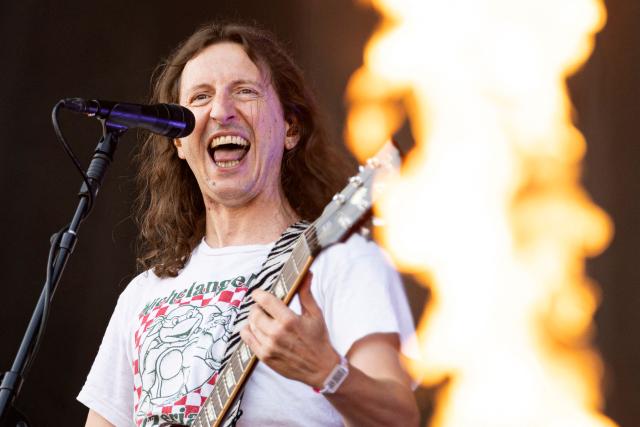 Singer and guitarist Nicolas Patra of French heavy metal band 'Ultra Vomit' performs on stage during the 36th edition of the Les Eurockeennes de Belfort music festival, in Sermamagny, eastern France, on July 3, 2026. (Photo by ROMEO BOETZLE / AFP)