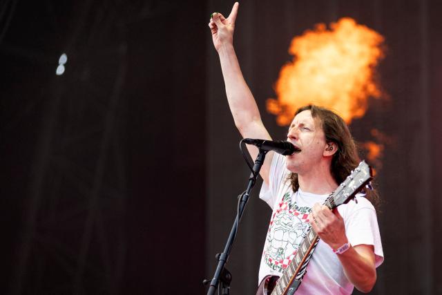 Singer and guitarist Nicolas Patra of French heavy metal band 'Ultra Vomit' performs on stage during the 36th edition of the Les Eurockeennes de Belfort music festival, in Sermamagny, eastern France, on July 3, 2026. (Photo by ROMEO BOETZLE / AFP)