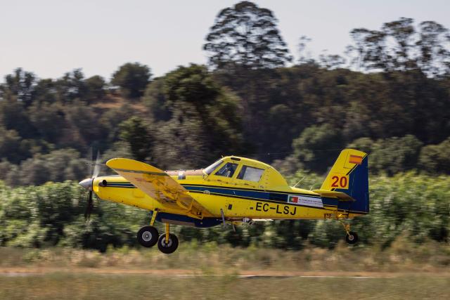 A Fire Boss firefighting aircraft takes off from the Santarem Municipal Aerodrome - Cosme Pedrogao in Santarem, Portugal, on July 3, 2026. Parts of Portugal are under red alert due to forecast high temperatures in the coming days after being relatively spared by the recent European heatwave, with the IPMA weather agency placing regions including Leiria and Coimbra on alert through Friday as temperatures could reach 44°C in some areas. (Photo by HENRIQUE CASINHAS / AFP)