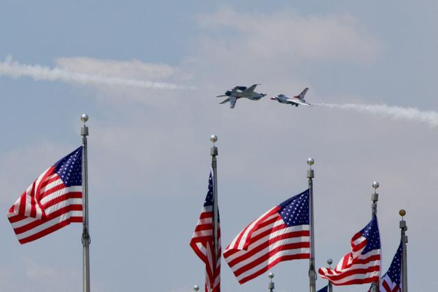 A US Air Force Thunderbirds demonstration squadron flies over Washington, DC, on July 3, 2026, ahead of the upcoming July 4 holiday. (Photo by Amid FARAHI / AFP)