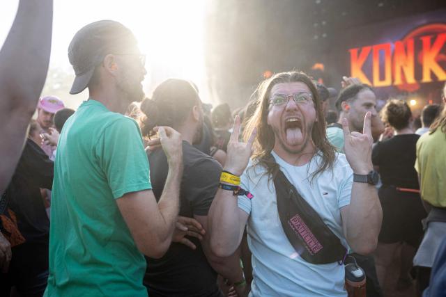 A festivalgoer reacts as French heavy metal band 'Ultra Vomit' perform on stage during the 36th edition of the Les Eurockeennes de Belfort music festival, in Sermamagny, eastern France, on July 3, 2026. (Photo by ROMEO BOETZLE / AFP)