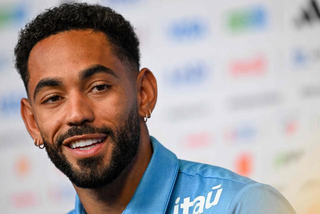 Brazil's forward #09 Matheus Cunha gives a press conference at The Ridge hotel in Basking Ridge, New Jersey on July 3, 2026 ahead of Brazil's 2026 World Cup football tournament round of 16 match against Norway. (Photo by MAURO PIMENTEL / AFP)