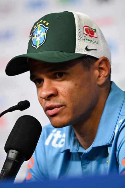 Brazil's defender #16 Douglas Santos gives a press conference at The Ridge hotel in Basking Ridge, New Jersey on July 3, 2026 ahead of Brazil's 2026 World Cup football tournament round of 16 match against Norway. (Photo by MAURO PIMENTEL / AFP)