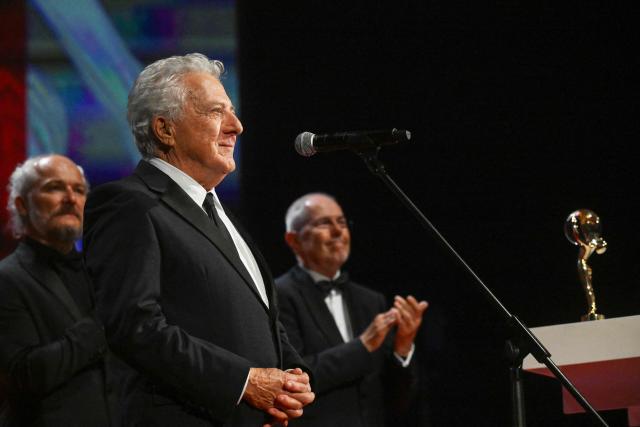 US actor Dustin Hoffman gives a speech after receiving the Festival President's Award Crystal Globe during the opening of the 60th Karlovy Vary International Film Festival (KVIFF) in Karlovy Vary, Czech Republic on July 3, 2026. (Photo by Michal Cizek / AFP)