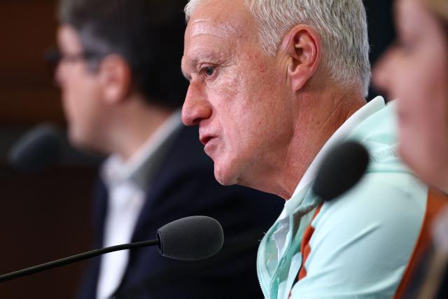 France's head coach Didier Deschampsgives an MD-1 press conference at the Philadelphia Stadium in Philadelphia on July 3, 2026, on the eve of the 2026 World Cup round of 16 football match between Paraguay and France. (Photo by FRANCK FIFE / AFP)