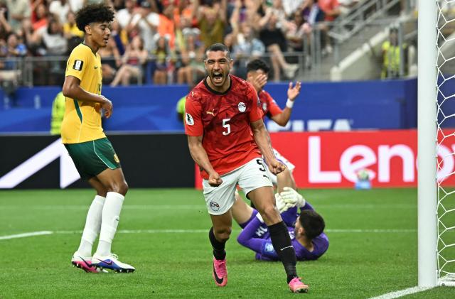 Egypt's defender #05 Ramy Rabia reacts after missing a goal opportunity during the 2026 World Cup round of 32 football match between Australia and Egypt at the Dallas Stadium in Arlington on July 3, 2026.  (Photo by Paul ELLIS / AFP)