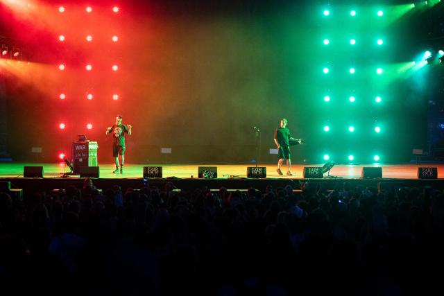 British post-punk band Sleaford Mods perform on stage during the 36th edition of the Les Eurockeennes de Belfort music festival, in Sermamagny, eastern France, on July 3, 2026. (Photo by ROMEO BOETZLE / AFP)