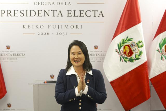 Peru’s president?elect for the Fuerza Popular party, Keiko Fujimori, gestures as she gives a statement at her campaign headquarters in the San Borja district of Lima on July 3, 2026. Peru's conservative president-elect Keiko Fujimori vowed to restore "order and hope" as final results showed she narrowly won the election in the latest victory for a resurgent Latin American right. (Photo by AFP)
