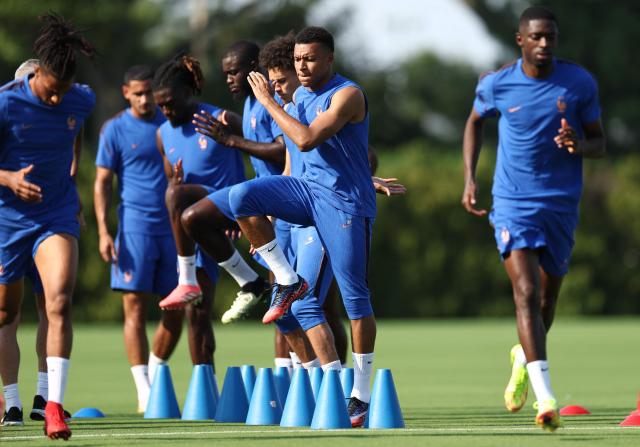 France's forward #10 Kylian Mbappe attends a training session at Philadelphia Eagles training centre on the eve of the 2026 World Cup football tournament round of 16 match against Paraguay, in Philadelphia on July 3, 2026. (Photo by FRANCK FIFE / AFP)