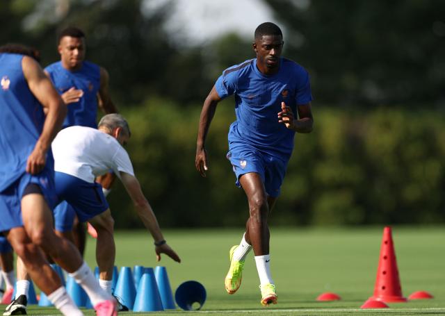France's forward #07 Ousmane Dembele attends a training session at Philadelphia Eagles training centre on the eve of the 2026 World Cup football tournament round of 16 match against Paraguay, in Philadelphia on July 3, 2026. (Photo by FRANCK FIFE / AFP)