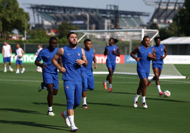 France's forward #24 Rayan Cherki attends a training session at Philadelphia Eagles training centre on the eve of the 2026 World Cup football tournament round of 16 match against Paraguay, in Philadelphia on July 3, 2026. (Photo by FRANCK FIFE / AFP)