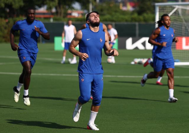 France's forward #24 Rayan Cherki attends a training session at Philadelphia Eagles training centre on the eve of the 2026 World Cup football tournament round of 16 match against Paraguay, in Philadelphia on July 3, 2026. (Photo by FRANCK FIFE / AFP)