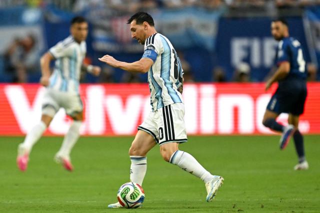 Argentina's forward #10 Lionel Messi controls the ball during the 2026 World Cup round of 32 football match between Argentina and Cape Verde at the Miami Stadium in Miami Gardens on July 3, 2026.  (Photo by CHANDAN KHANNA / AFP)