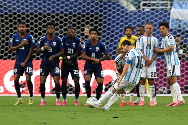 Argentina's forward #10 Lionel Messi attempts a free-kick during the 2026 World Cup round of 32 football match between Argentina and Cape Verde at the Miami Stadium in Miami Gardens on July 3, 2026.  (Photo by ROBERTO SCHMIDT / AFP)
