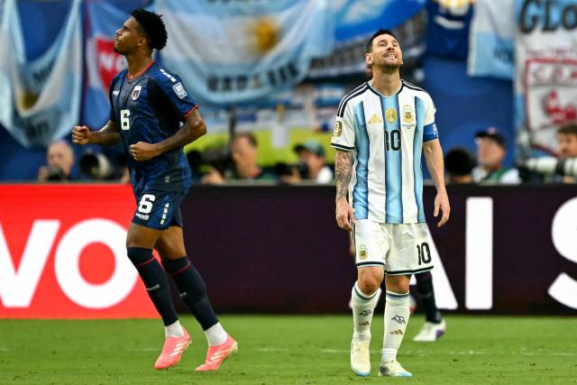 Argentina's forward #10 Lionel Messi reacts to a missed chance during the 2026 World Cup round of 32 football match between Argentina and Cape Verde at the Miami Stadium in Miami Gardens on July 3, 2026.  (Photo by CHANDAN KHANNA / AFP)