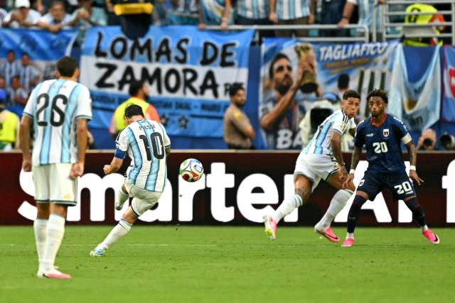 Argentina's forward #10 Lionel Messi attempts a free-kick during the 2026 World Cup round of 32 football match between Argentina and Cape Verde at the Miami Stadium in Miami Gardens on July 3, 2026.  (Photo by CHANDAN KHANNA / AFP)