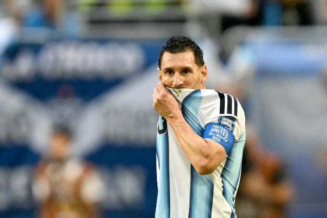 Argentina's forward #10 Lionel Messi gestures during the 2026 World Cup round of 32 football match between Argentina and Cape Verde at the Miami Stadium in Miami Gardens on July 3, 2026.  (Photo by CHANDAN KHANNA / AFP)